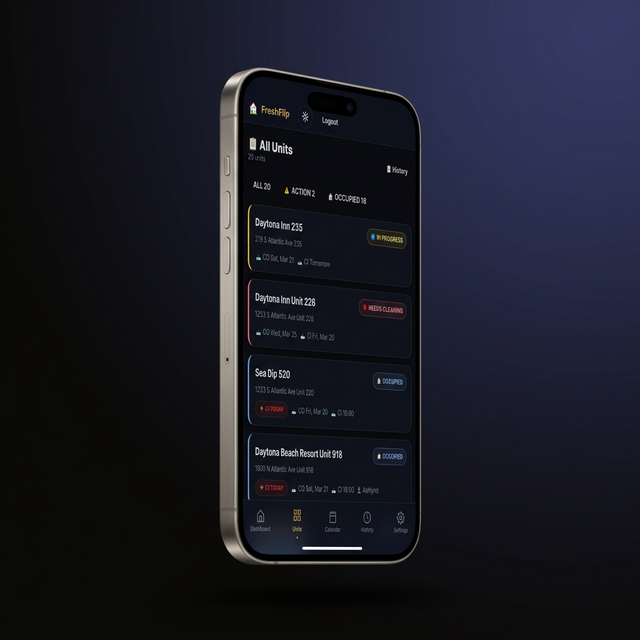 FreshFlip host dashboard showing 20 units with status cards