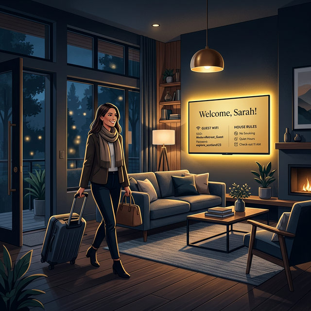 Guest arrives to a smart TV welcome screen with their name